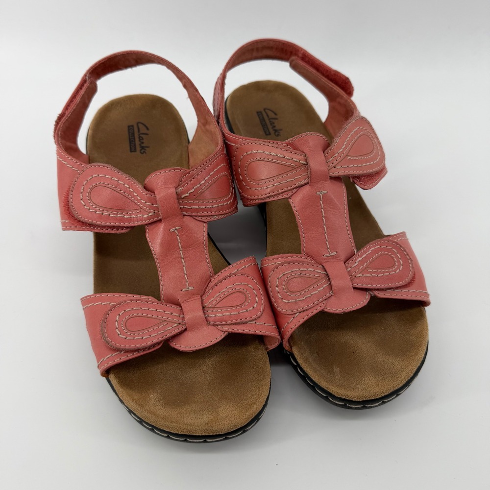 Clarks Sandals Womens 10 XW Pink Leisa Cacti Leather Bow Slingback Comfort Wedge